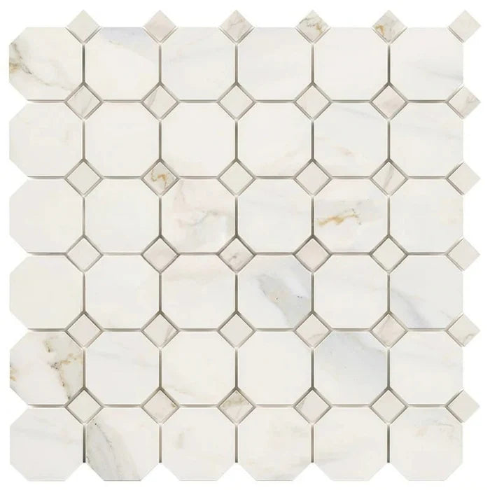Calacatta Gold Marble Polished Octagon Mosaic Tile w/ Calacatta Gold Dots