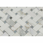 Calcutta Marble Honed Basketweave Mosaic Tile w/ Blue-Gray Dots | FINAL SALE Calcutta Marble Honed Basketweave Mosaic Tile w/ Blue-Gray Dots | FINAL SALE - American Tile Depot