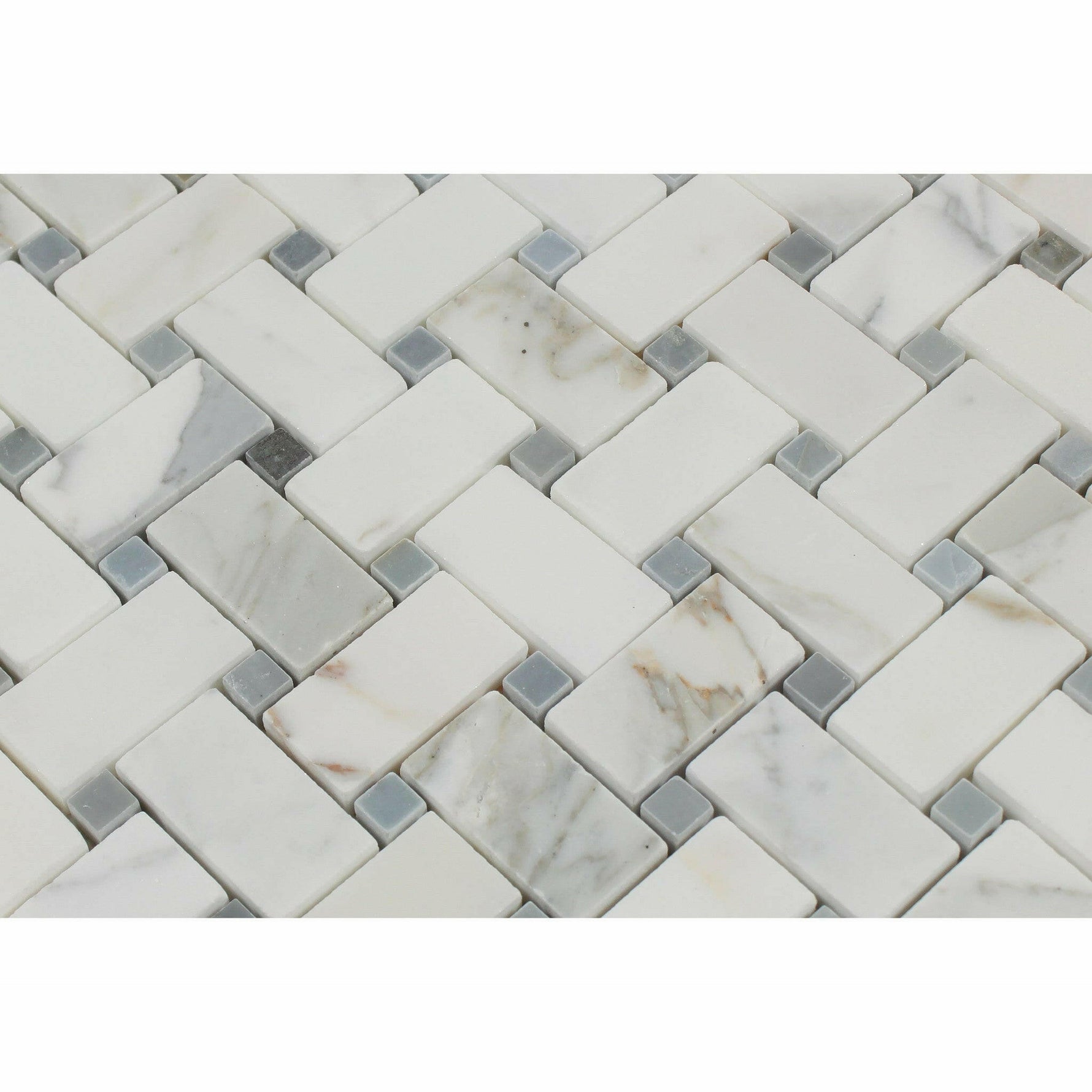 Calcutta Marble Honed Basketweave Mosaic Tile w/ Blue-Gray Dots | FINAL SALE Calcutta Marble Honed Basketweave Mosaic Tile w/ Blue-Gray Dots | FINAL SALE - American Tile Depot