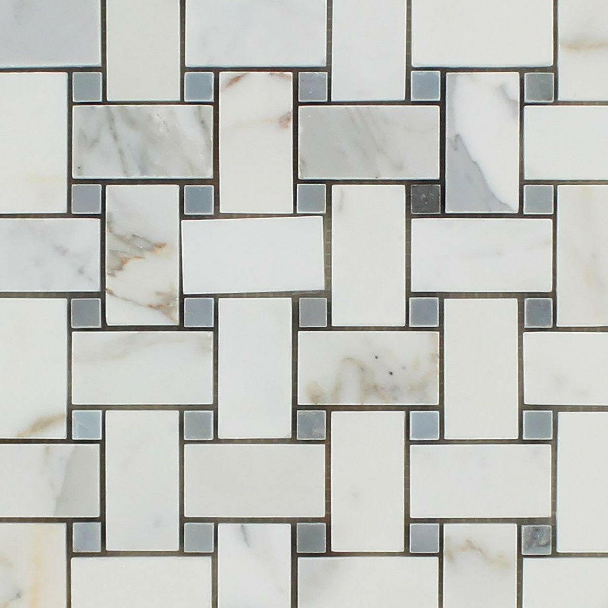 Calcutta Marble Honed Basketweave Mosaic Tile w/ Blue-Gray Dots | FINAL SALE Calcutta Marble Honed Basketweave Mosaic Tile w/ Blue-Gray Dots | FINAL SALE - American Tile Depot