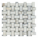 Calcutta Marble Honed Basketweave Mosaic Tile w/ Blue-Gray Dots | FINAL SALE Calcutta Marble Honed Basketweave Mosaic Tile w/ Blue-Gray Dots | FINAL SALE - American Tile Depot