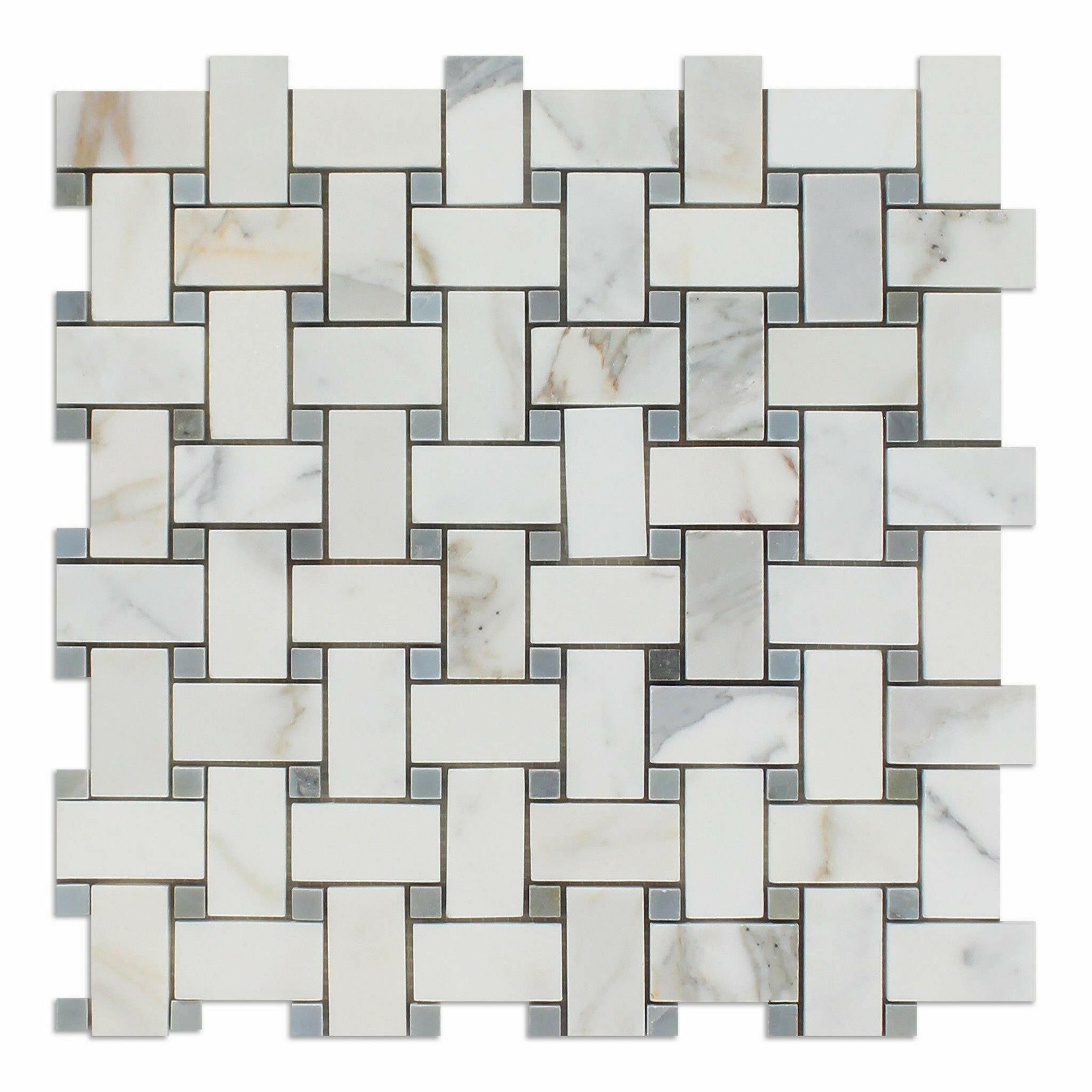 Calcutta Marble Honed Basketweave Mosaic Tile w/ Blue-Gray Dots | FINAL SALE Calcutta Marble Honed Basketweave Mosaic Tile w/ Blue-Gray Dots | FINAL SALE - American Tile Depot