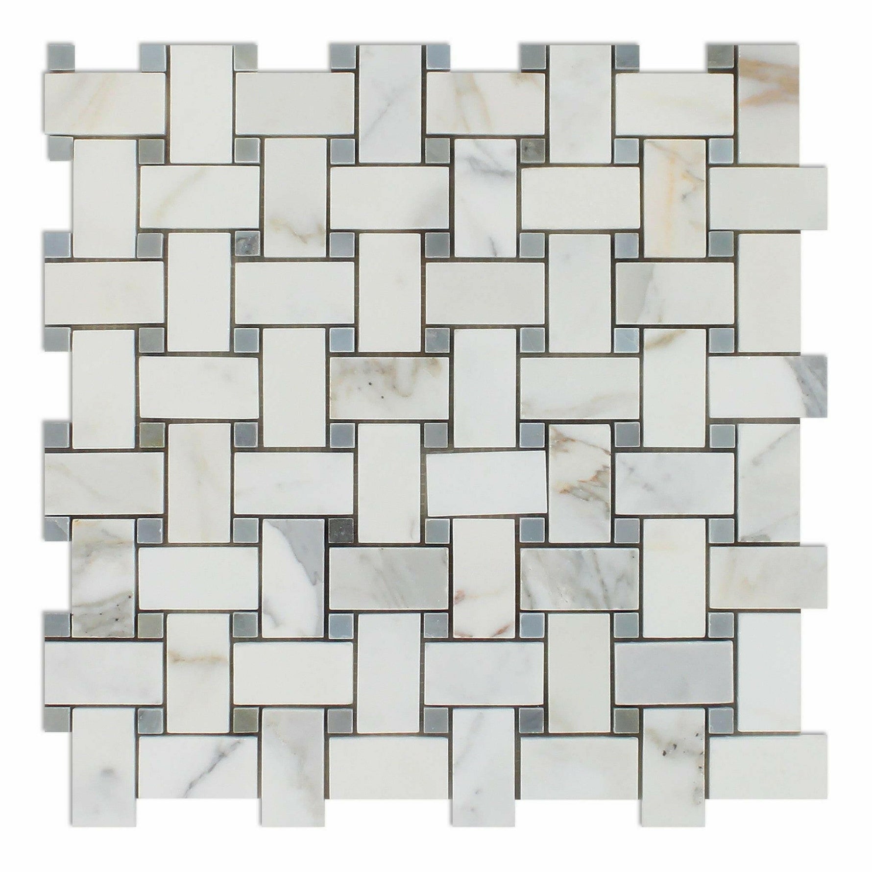 Calcutta Marble Honed Basketweave Mosaic Tile w/ Blue-Gray Dots | FINAL SALE Calcutta Marble Honed Basketweave Mosaic Tile w/ Blue-Gray Dots | FINAL SALE - American Tile Depot
