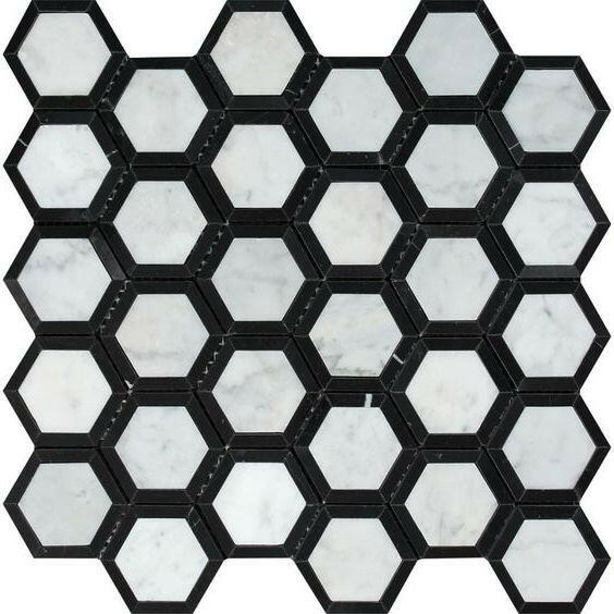 Carrara White Marble Honed 2" Vortex Hexagon Mosaic Tile w/ Black Border Carrara White Marble Honed 2" Vortex Hexagon Mosaic Tile w/ Black Border - American Tile Depot