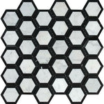 Carrara White Marble Honed 2" Vortex Hexagon Mosaic Tile w/ Black Border - American Tile Depot