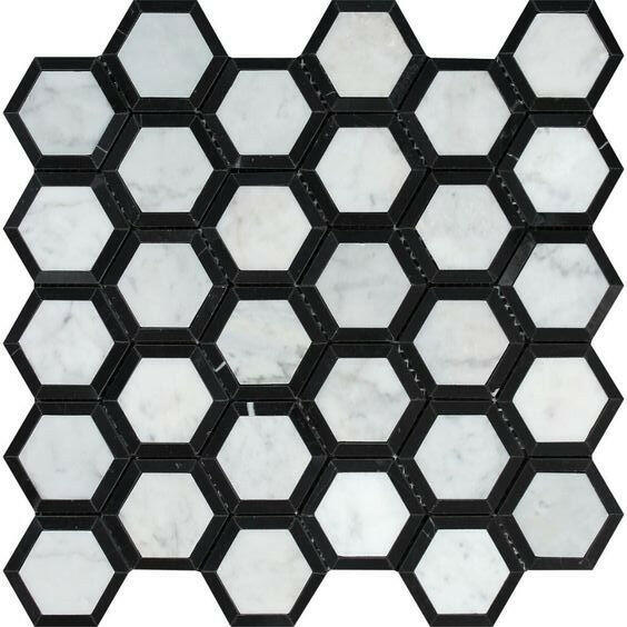 Carrara White Marble Honed 2" Vortex Hexagon Mosaic Tile w/ Black Border - American Tile Depot