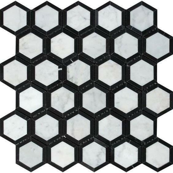 Carrara White Marble Honed 2" Vortex Hexagon Mosaic Tile w/ Black Border - American Tile Depot