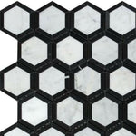 Carrara White Marble Honed 2" Vortex Hexagon Mosaic Tile w/ Black Border - American Tile Depot