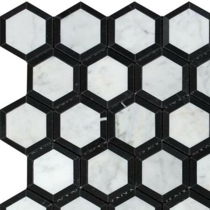 Carrara White Marble Honed 2" Vortex Hexagon Mosaic Tile w/ Black Border - American Tile Depot