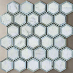 Carrara White Marble Honed 2" Vortex Hexagon Mosaic Tile w/ Blue-Gray Border - American Tile Depot