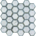 Carrara White Marble Honed 2" Vortex Hexagon Mosaic Tile w/ Blue-Gray Border - American Tile Depot
