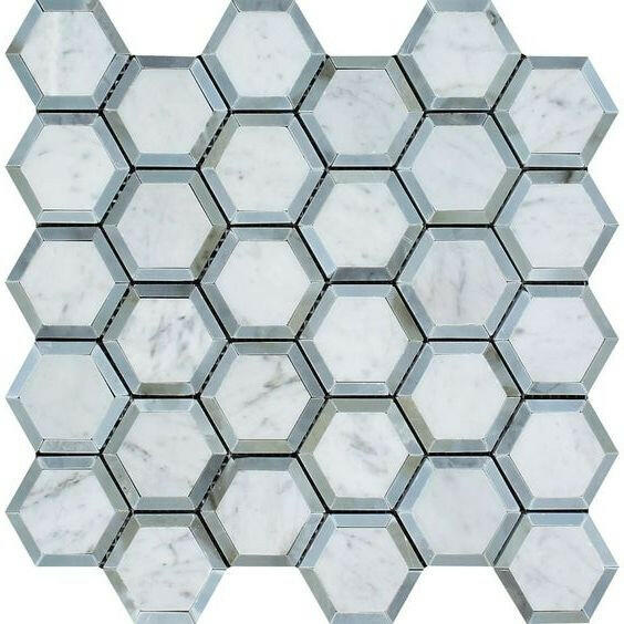 Carrara White Marble Honed 2" Vortex Hexagon Mosaic Tile w/ Blue-Gray Border - American Tile Depot