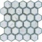 Carrara White Marble Honed 2" Vortex Hexagon Mosaic Tile w/ Blue-Gray Border - American Tile Depot