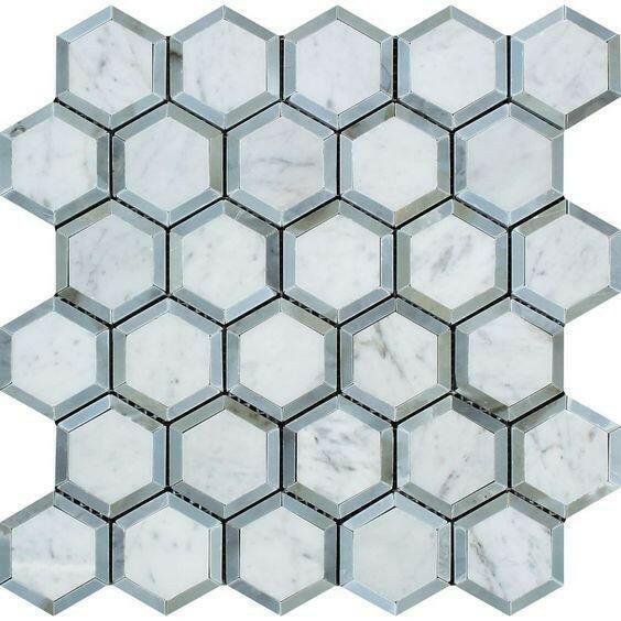 Carrara White Marble Honed 2" Vortex Hexagon Mosaic Tile w/ Blue-Gray Border - American Tile Depot