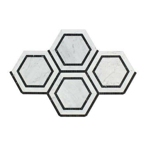 Carrara White Marble Honed 5" Hexagon Combination Mosaic Tile w/ Black Border Carrara White Marble Honed 5" Hexagon Combination Mosaic Tile w/ Black Border - American Tile Depot