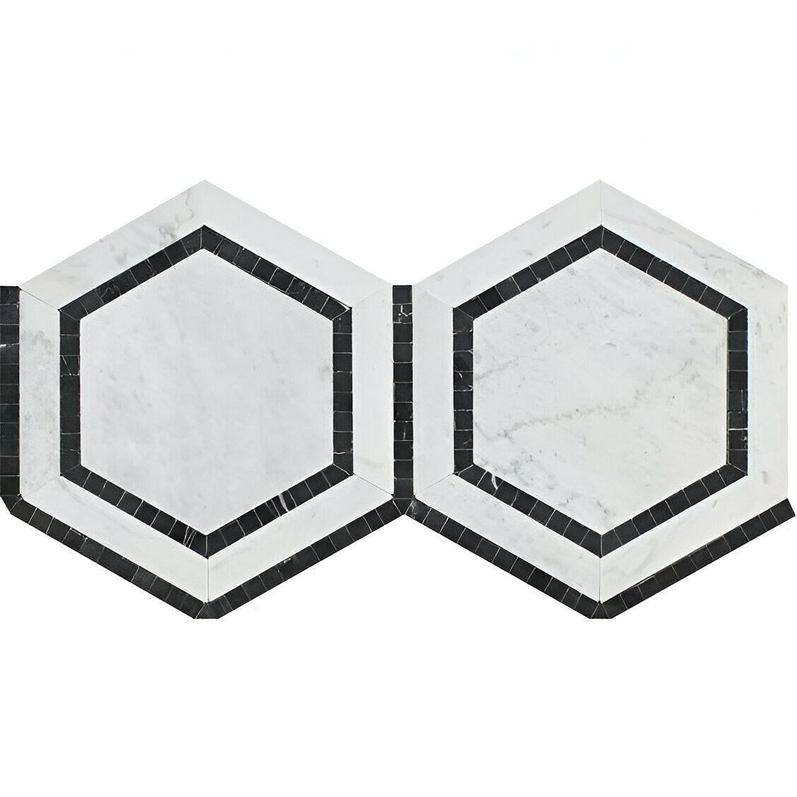Carrara White Marble Honed 5" Hexagon Combination Mosaic Tile w/ Black Border Carrara White Marble Honed 5" Hexagon Combination Mosaic Tile w/ Black Border - American Tile Depot