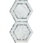 Carrara White Marble Honed 5" Hexagon Combination Mosaic Tile w/ Blue-Gray Border - American Tile Depot