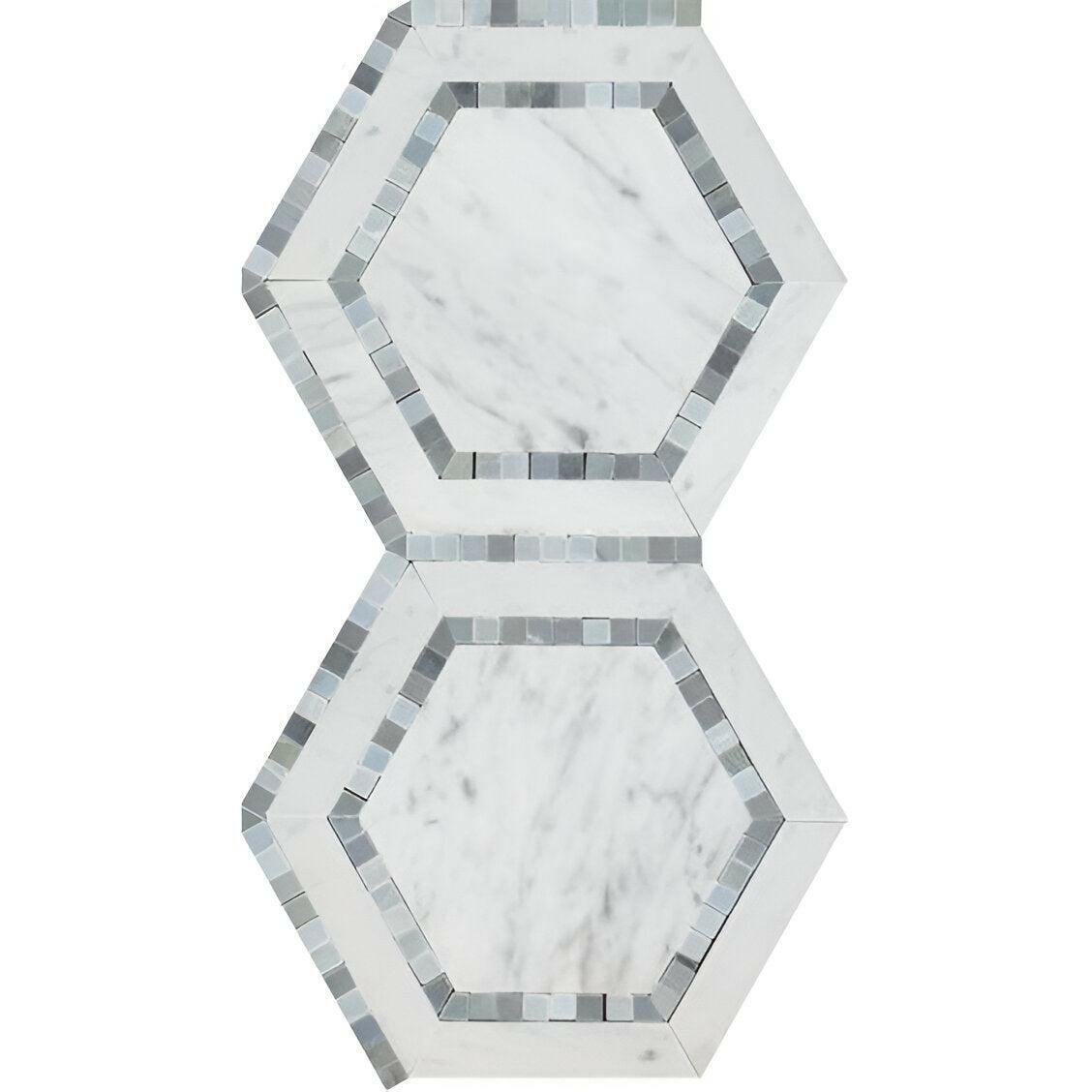 Carrara White Marble Honed 5" Hexagon Combination Mosaic Tile w/ Blue-Gray Border - American Tile Depot