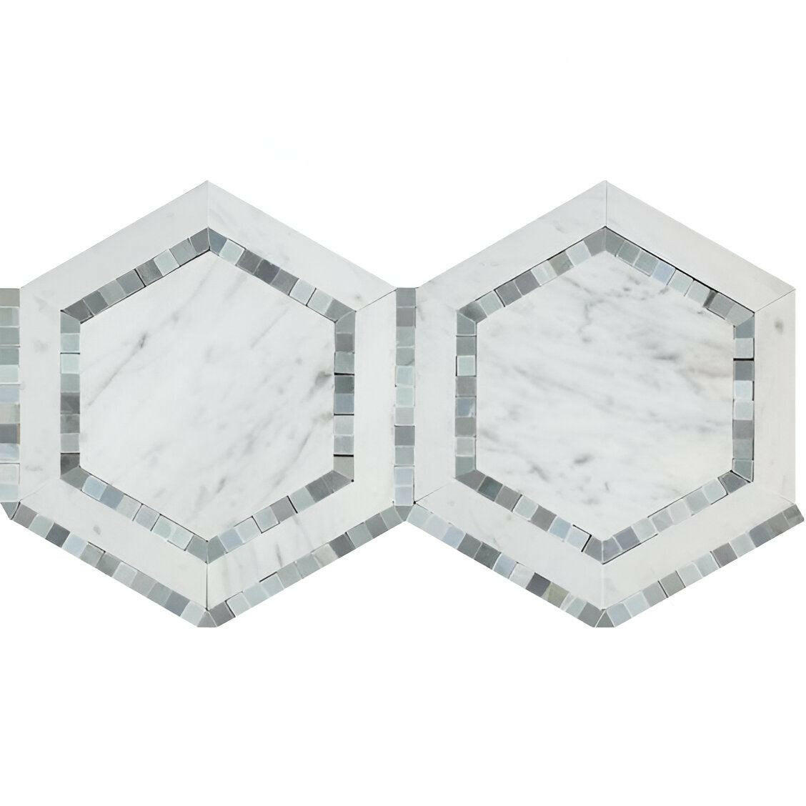 Carrara White Marble Honed 5" Hexagon Combination Mosaic Tile w/ Blue-Gray Border - American Tile Depot