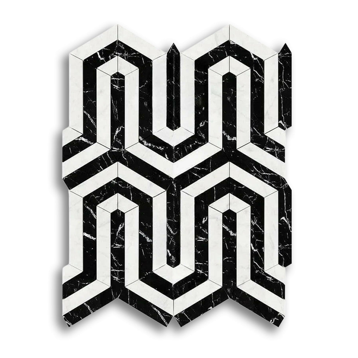 Carrara White Marble Honed Berlinetta Mosaic Tile w/ Black Strips - American Tile Depot