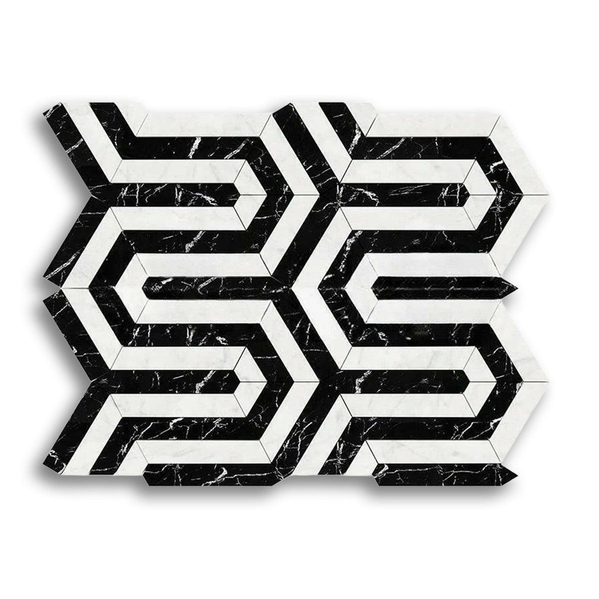 Carrara White Marble Polished Berlinetta Mosaic Tile w/ Black Strips - American Tile Depot