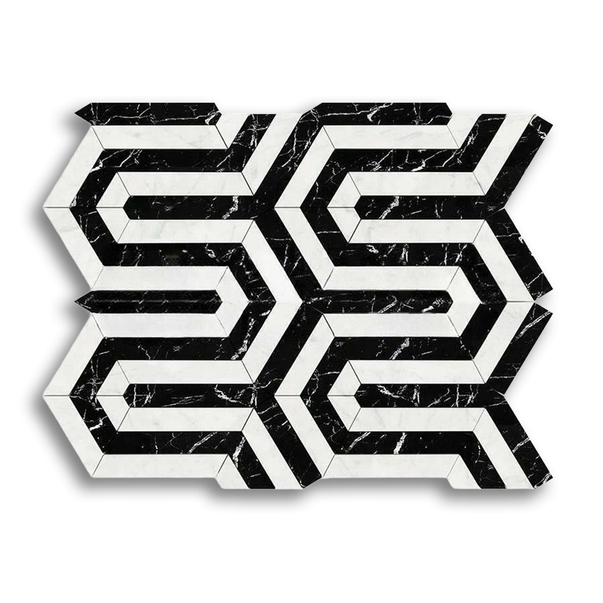 Carrara White Marble Honed Berlinetta Mosaic Tile w/ Black Strips - American Tile Depot