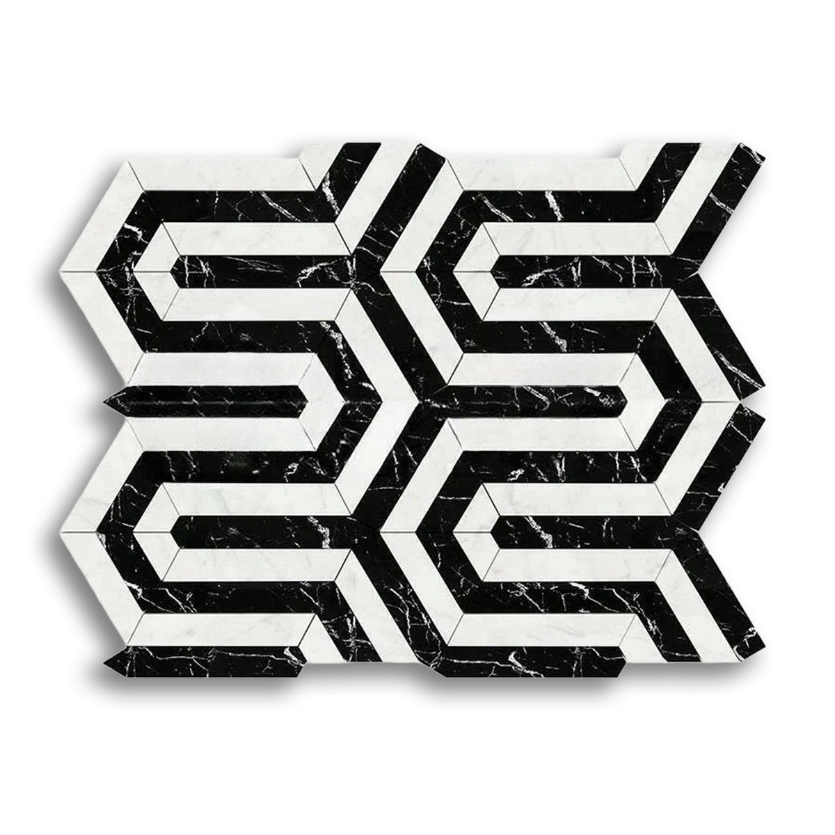 Carrara White Marble Honed Berlinetta Mosaic Tile w/ Black Strips - American Tile Depot