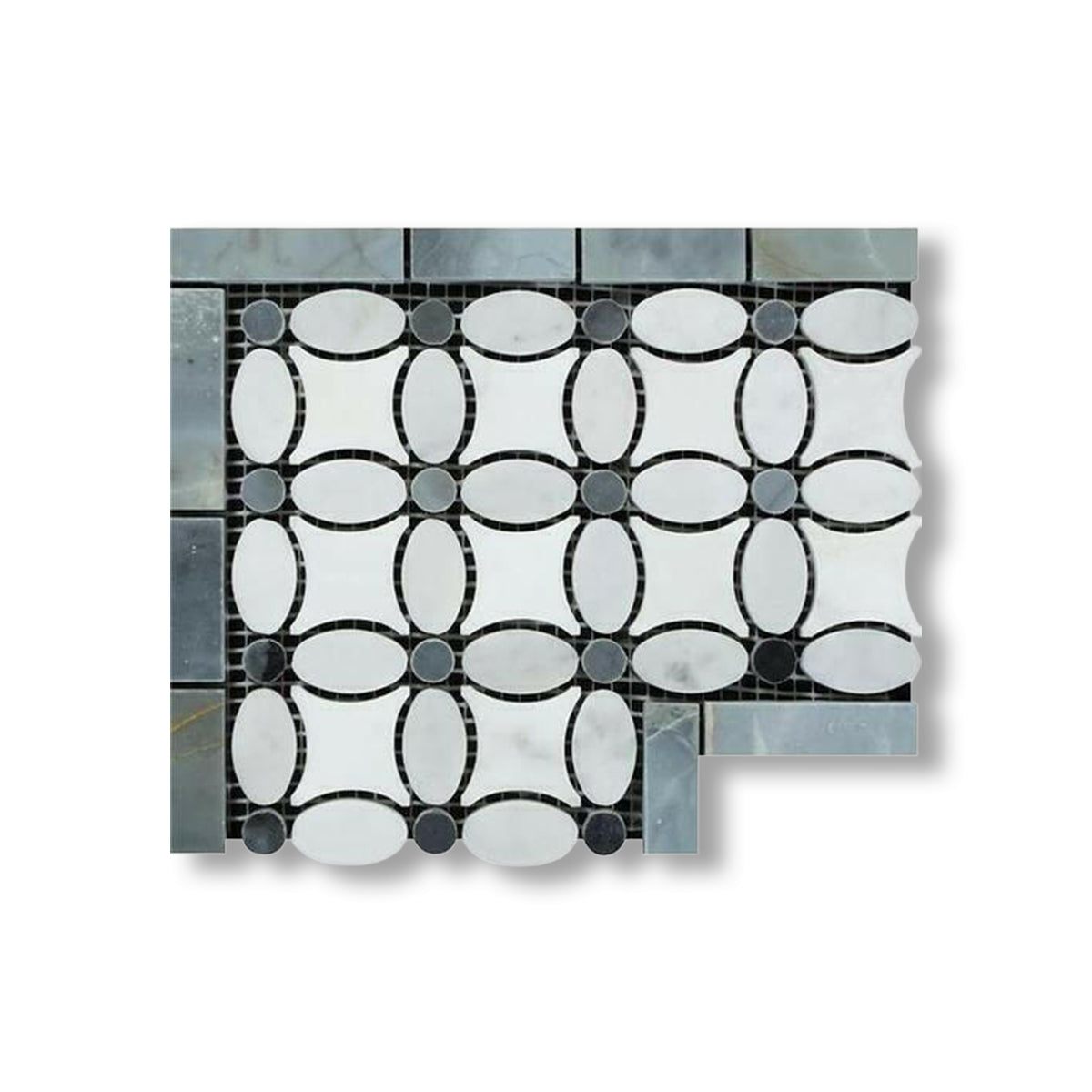 Carrara White Marble Honed Florida Flower Border Corner w/ Blue-Gray Dots - American Tile Depot
