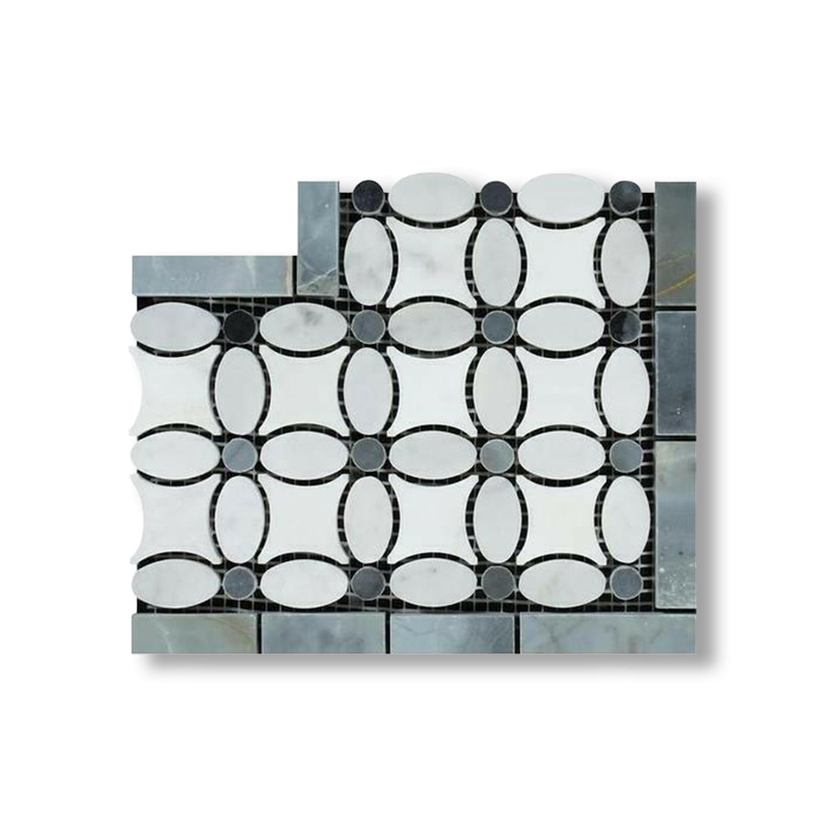 Carrara White Marble Honed Florida Flower Border Corner w/ Blue-Gray Dots - American Tile Depot