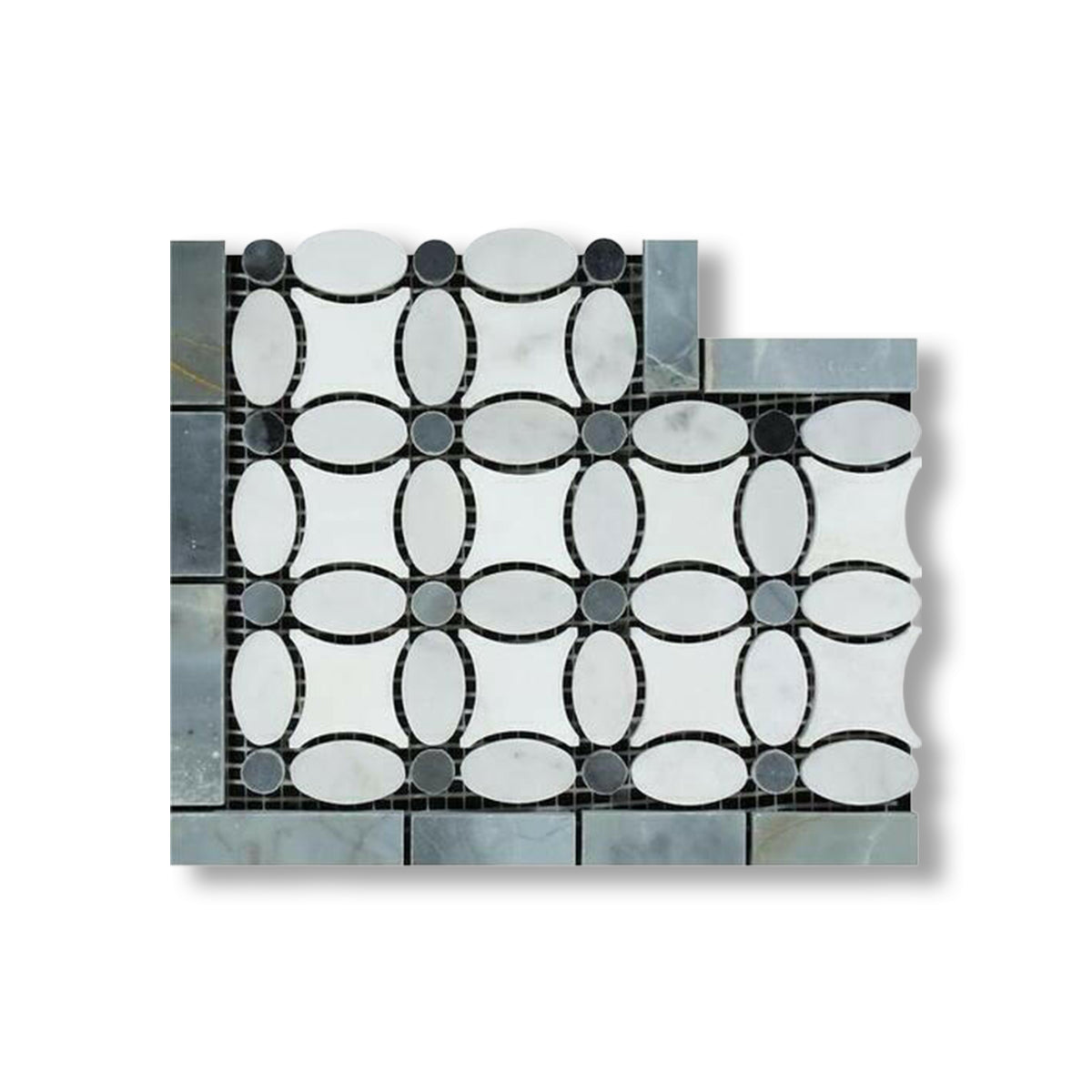 Carrara White Marble Honed Florida Flower Border Corner w/ Blue-Gray Dots - American Tile Depot