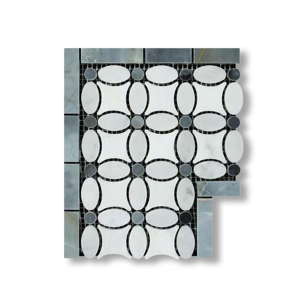 Carrara White Marble Honed Florida Flower Border Corner w/ Blue-Gray Dots - American Tile Depot