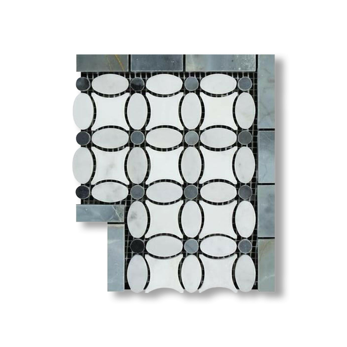Carrara White Marble Honed Florida Flower Border Corner w/ Blue-Gray Dots - American Tile Depot