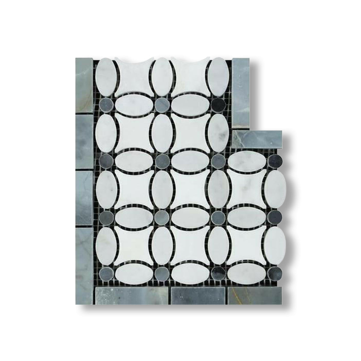 Carrara White Marble Honed Florida Flower Border Corner w/ Blue-Gray Dots - American Tile Depot