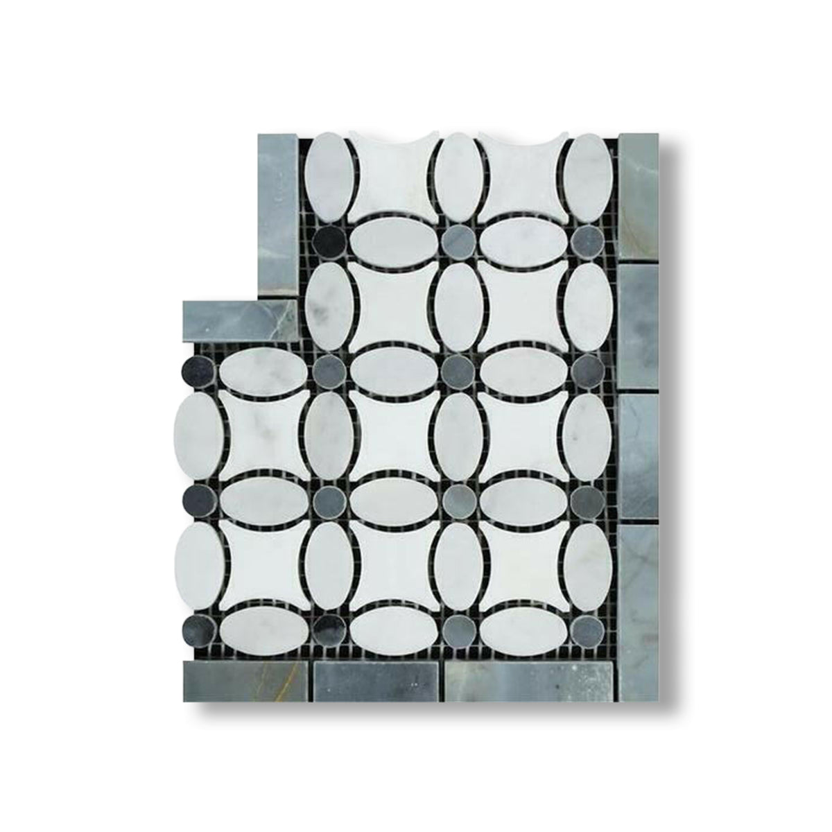 Carrara White Marble Honed Florida Flower Border Corner w/ Blue-Gray Dots - American Tile Depot
