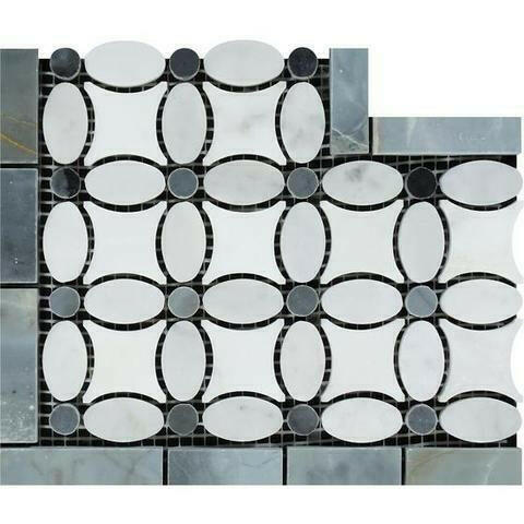 Carrara White Marble Honed Florida Flower Border Corner w/ Blue-Gray Dots Carrara White Marble Honed Florida Flower Border Corner w/ Blue-Gray Dots - American Tile Depot