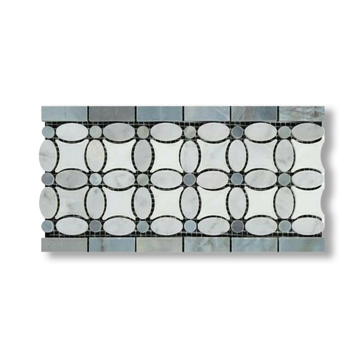 Carrara White Marble Polished Florida Flower Border w/ Blue-Gray Dots - American Tile Depot