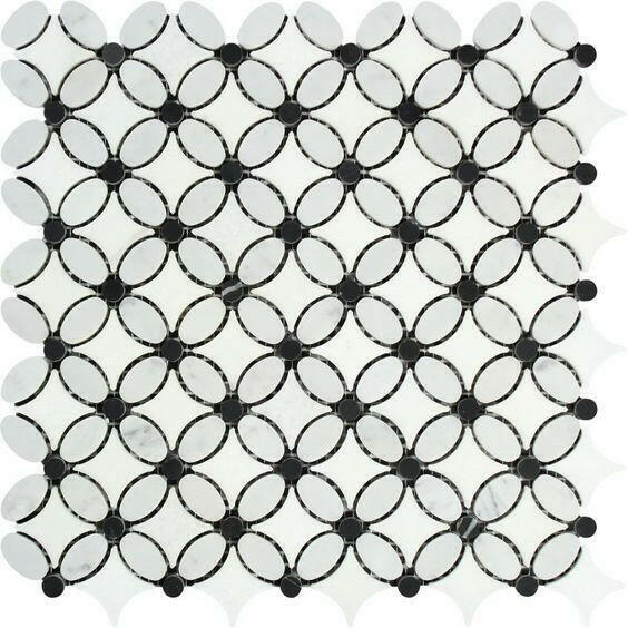 Carrara White Marble Honed Florida Flower Mosaic Tile w/ Black Dots Carrara White Marble Honed Florida Flower Mosaic Tile w/ Black Dots - American Tile Depot