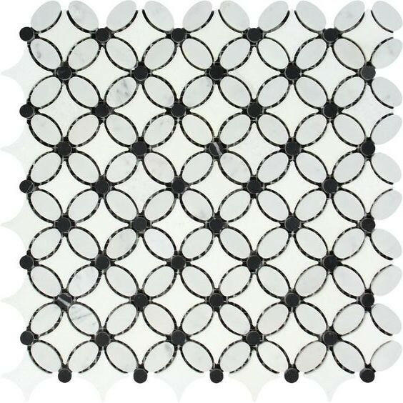 Carrara White Marble Honed Florida Flower Mosaic Tile w/ Black Dots Carrara White Marble Honed Florida Flower Mosaic Tile w/ Black Dots - American Tile Depot