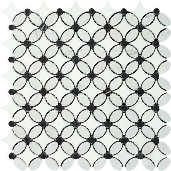 Carrara White Marble Honed Florida Flower Mosaic Tile w/ Black Dots Carrara White Marble Honed Florida Flower Mosaic Tile w/ Black Dots - American Tile Depot