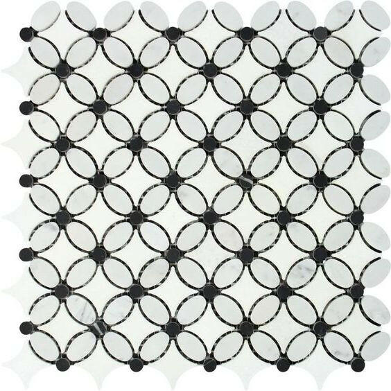 Carrara White Marble Honed Florida Flower Mosaic Tile w/ Black Dots Carrara White Marble Honed Florida Flower Mosaic Tile w/ Black Dots - American Tile Depot