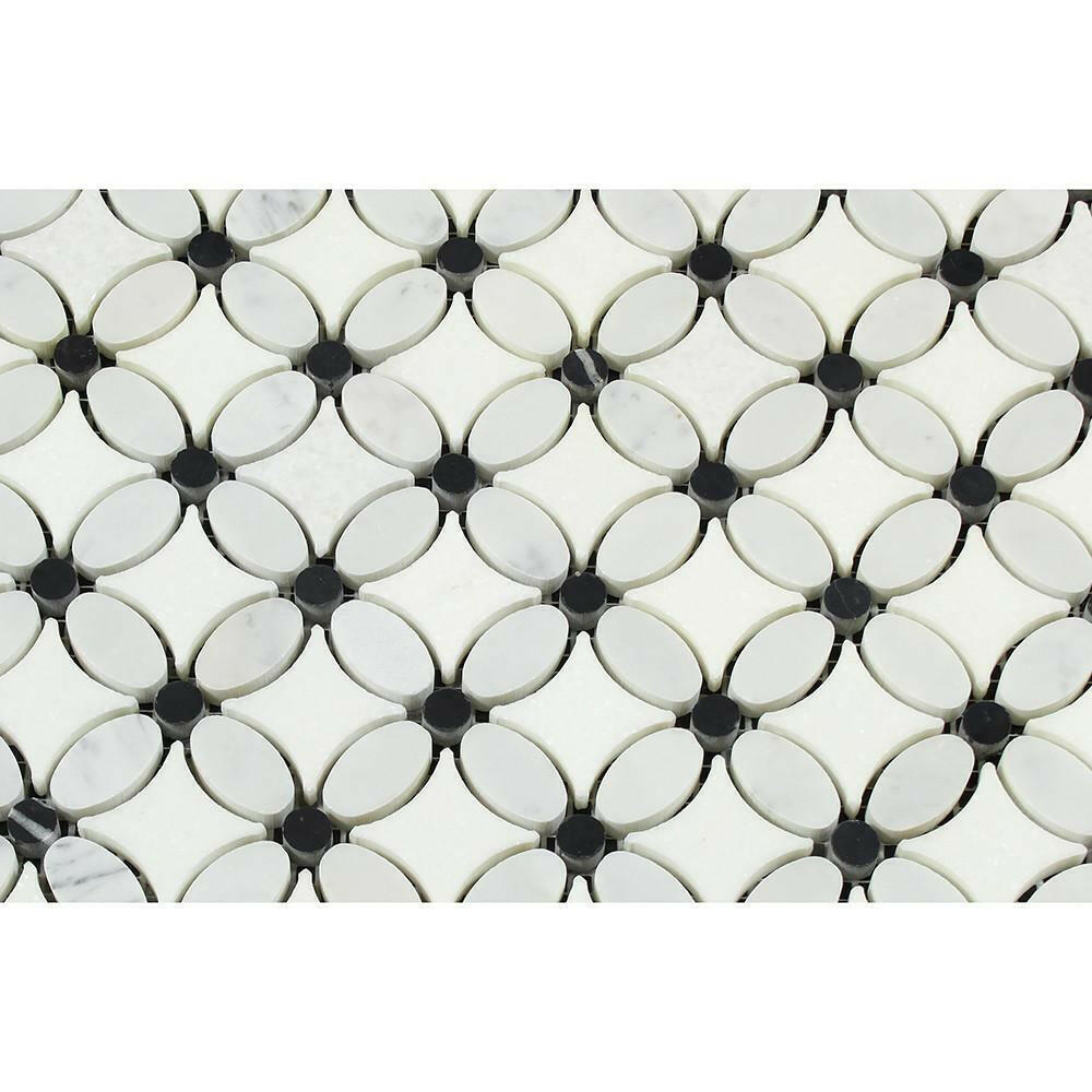 Carrara White Marble Honed Florida Flower Mosaic Tile w/ Black Dots Carrara White Marble Honed Florida Flower Mosaic Tile w/ Black Dots - American Tile Depot