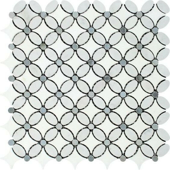 Carrara White Marble Honed Florida Flower Mosaic Tile w/ Blue-Gray Dots Carrara White Marble Honed Florida Flower Mosaic Tile w/ Blue-Gray Dots - American Tile Depot