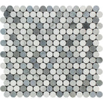 Carrara White Marble Honed Penny Round Mosaic Tile w/ Carrara + Thassos + Blue-Gray Dots Carrara White Marble Honed Penny Round Mosaic Tile w/ Carrara + Thassos + Blue-Gray Dots - American Tile Depot
