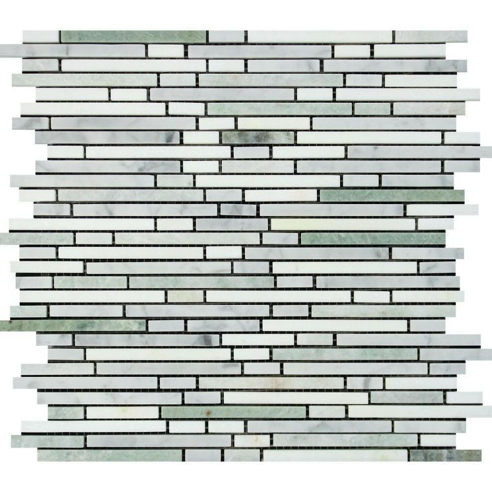 Carrara White Marble Honed Tricolor (Carrara + Thassos + Ming-Green) Bamboo Sticks Mosaic Carrara White Marble Honed Tricolor (Carrara + Thassos + Ming-Green) Bamboo Sticks Mosaic - American Tile Depot