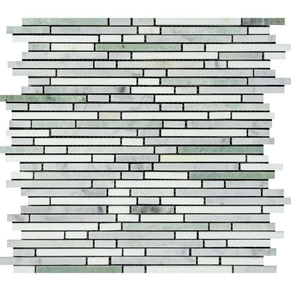 Carrara White Marble Honed Tricolor (Carrara + Thassos + Ming-Green) Bamboo Sticks Mosaic Carrara White Marble Honed Tricolor (Carrara + Thassos + Ming-Green) Bamboo Sticks Mosaic - American Tile Depot
