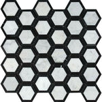 Carrara White Marble Polished 2" Vortex Hexagon Mosaic Tile w/ Black Border - American Tile Depot