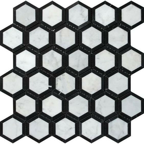 Carrara White Marble Polished 2" Vortex Hexagon Mosaic Tile w/ Black Border - American Tile Depot
