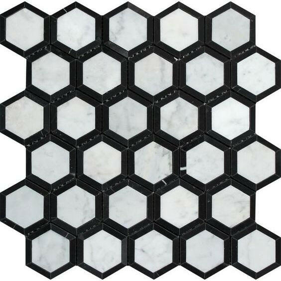 Carrara White Marble Polished 2" Vortex Hexagon Mosaic Tile w/ Black Border - American Tile Depot