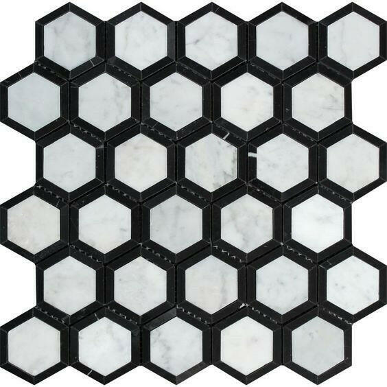Carrara White Marble Polished 2" Vortex Hexagon Mosaic Tile w/ Black Border Carrara White Marble Polished 2" Vortex Hexagon Mosaic Tile w/ Black Border - American Tile Depot