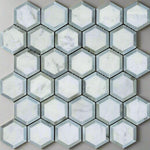 Carrara White Marble Polished 2" Vortex Hexagon Mosaic Tile w/ Blue-Gray Border - American Tile Depot